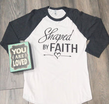 Load image into Gallery viewer, Shaped By Faith Heart and Arrow Baseball Sleeve Shirt