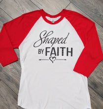 Load image into Gallery viewer, Shaped By Faith Heart and Arrow Baseball Sleeve Shirt
